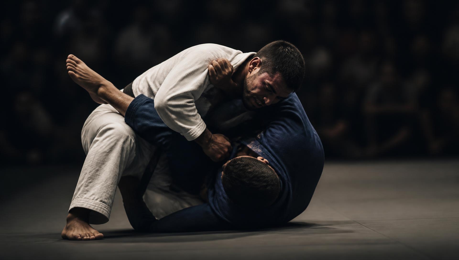 Two Brazilian Jiu-Jitsu competitors grappling in gi on a professional competition mat